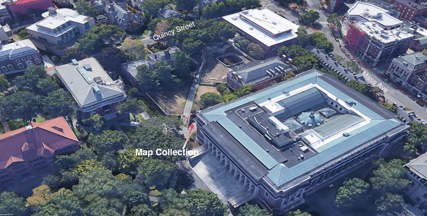 Aerial image of how to get to the map collection in the yard