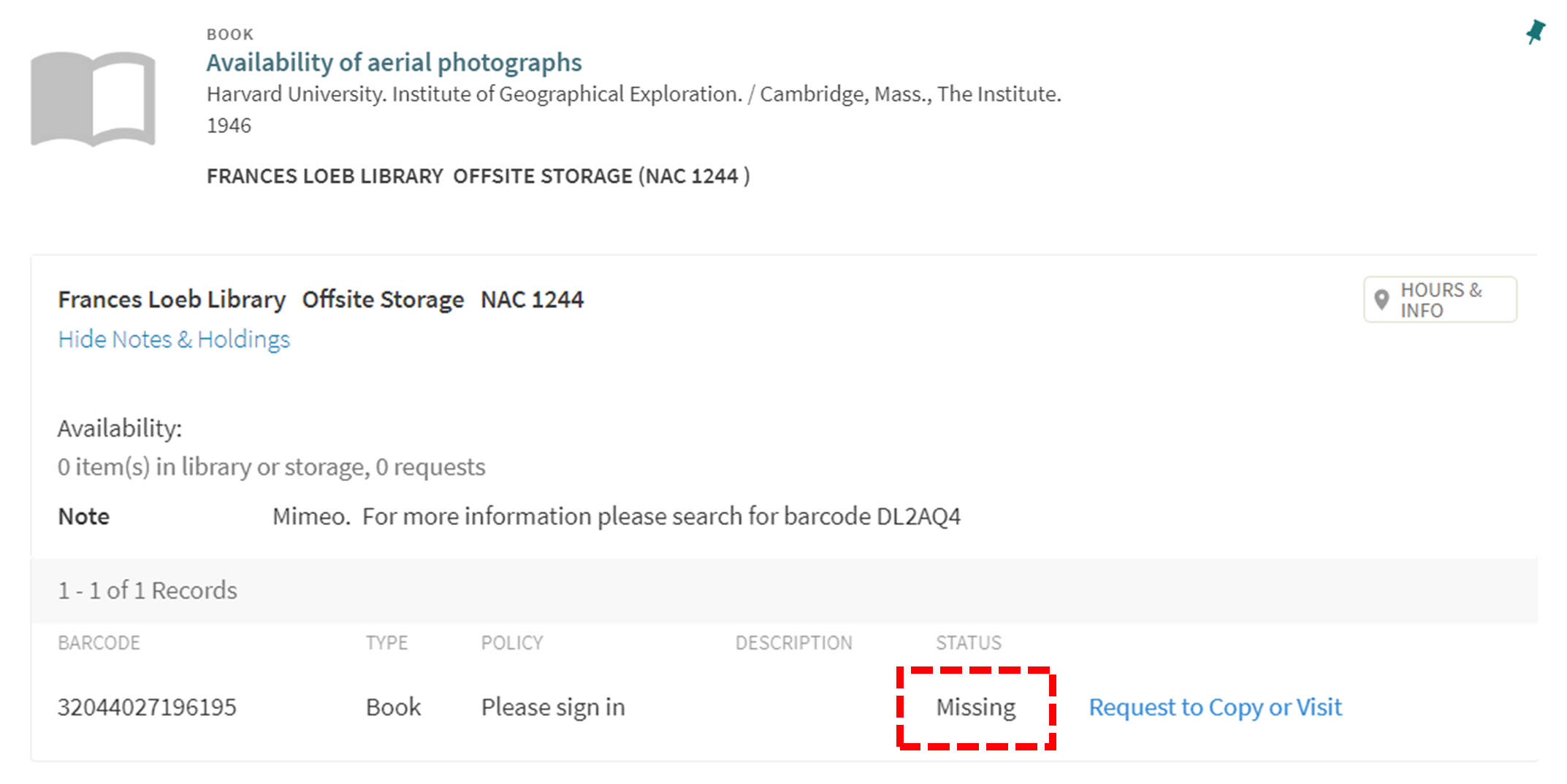 missing document in HOLLIS