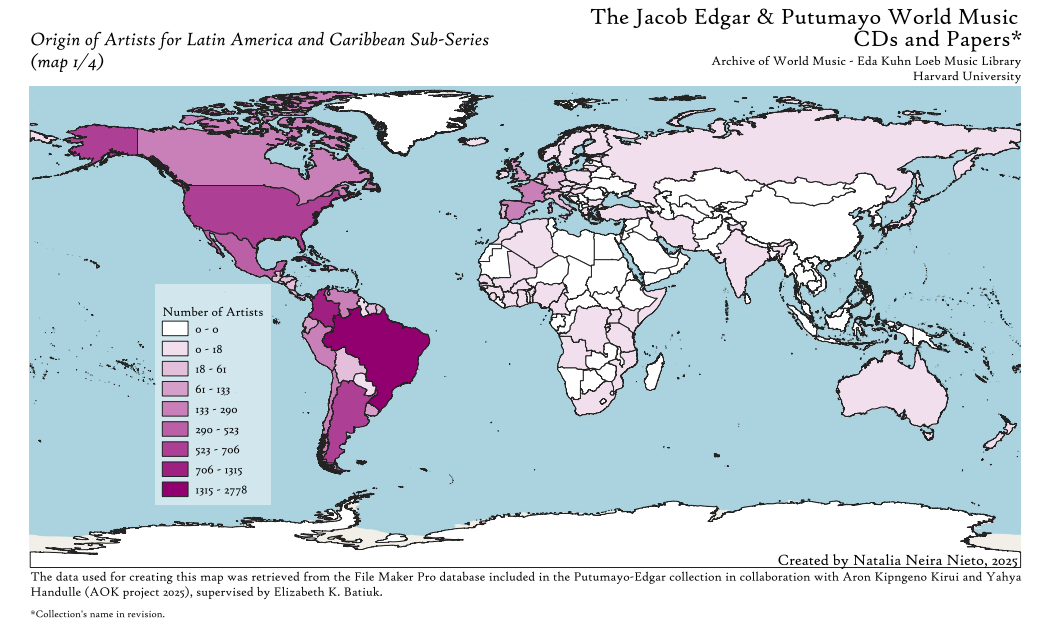 map showing country of origin for artists classified within the region of ‘Latin America’ and ‘Caribbean.'