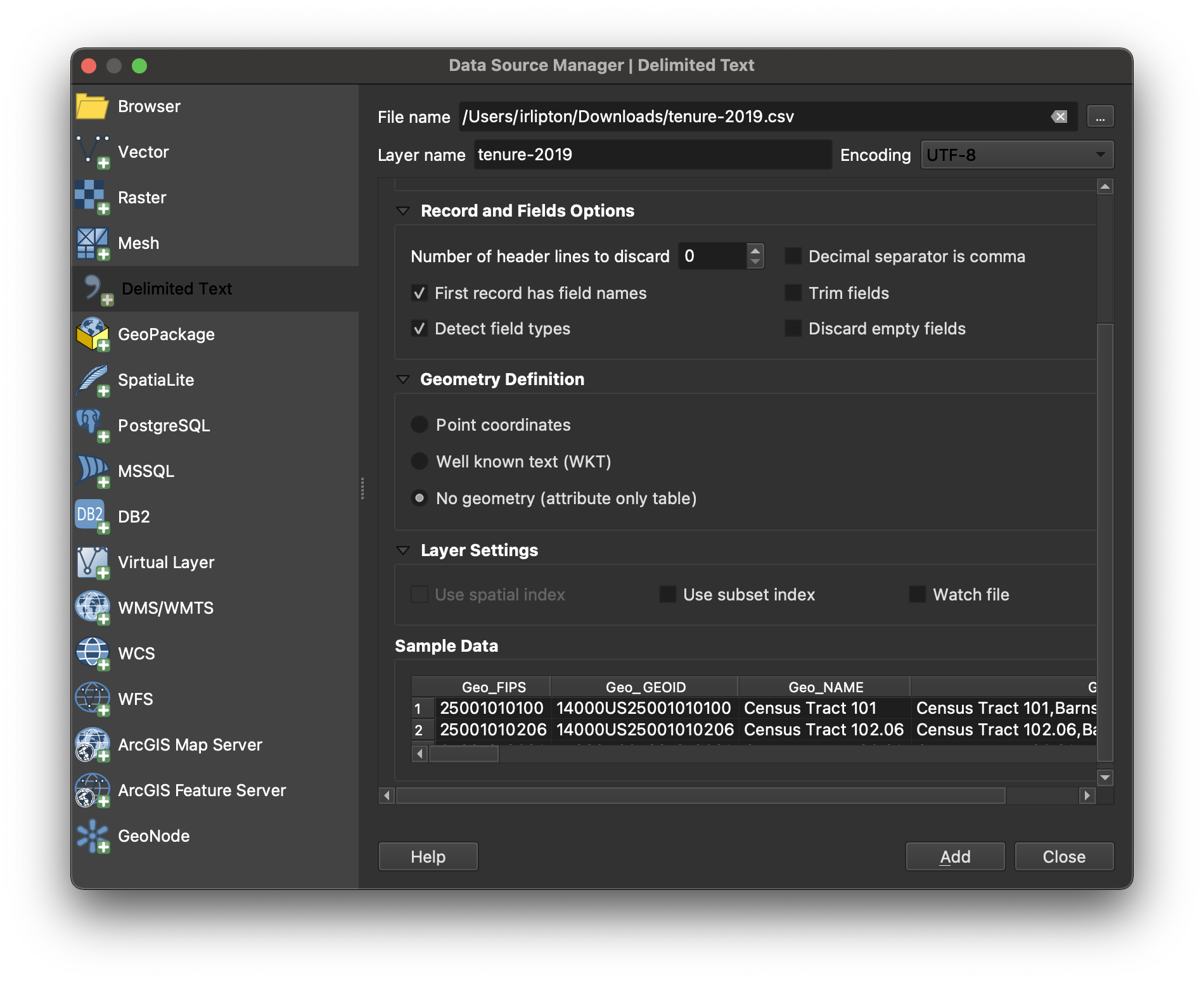 Screenshot of the add delimited text wizard in QGIS