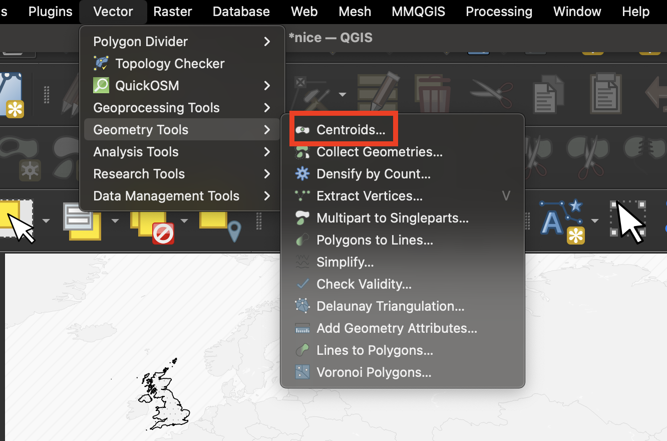 Menu for navigating to centroid tool in QGIS
