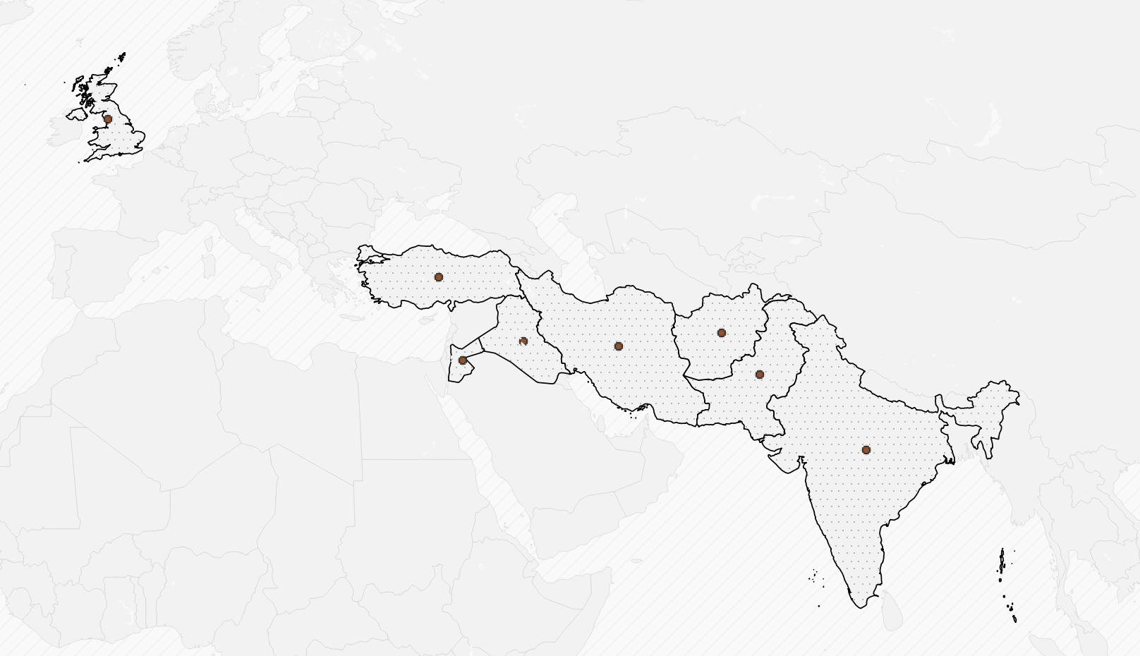 map showing selected countries with centroids