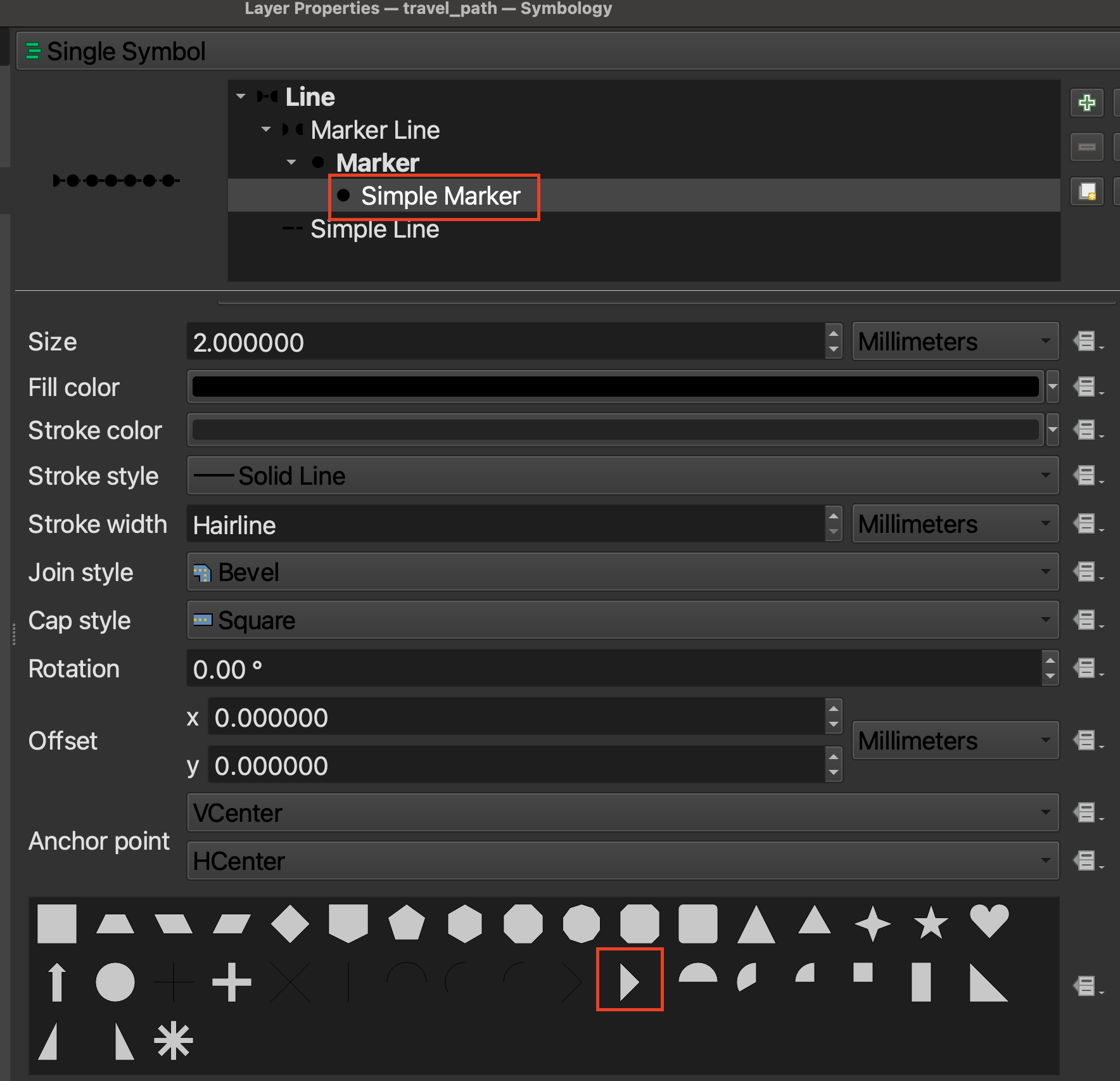 Selecting a new marker in QGIS symbology interface