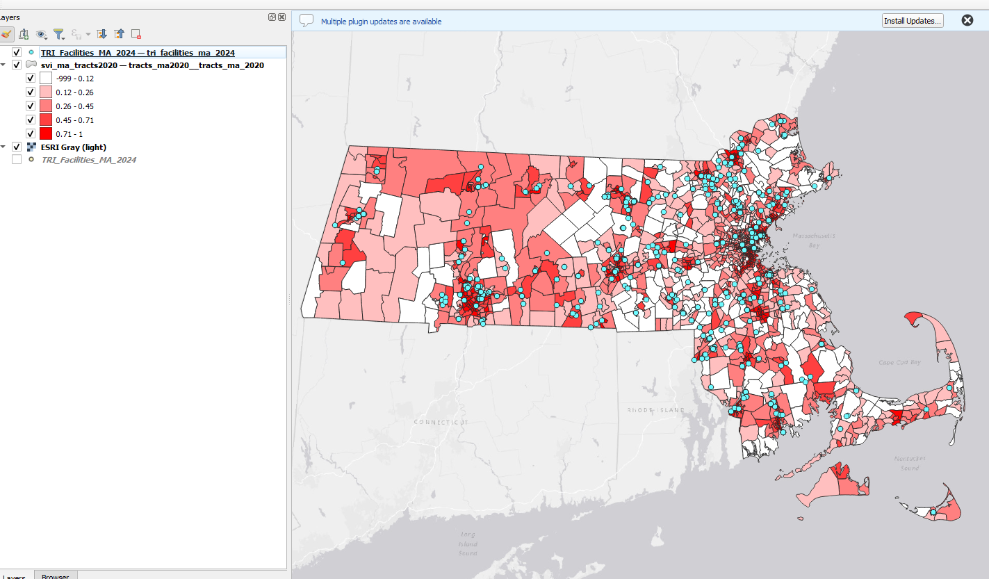 Map showing toxics release sites in Massachusetts layered on top of social vulnerability index