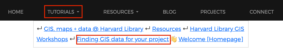 website menu with Tutorials and nav bar for Finding GIS data for your project button highlighted